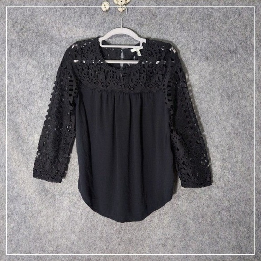 Joie Tunic XSā Black Sheer Lace Embroidered 3/4 Sleeve Boho Festival Romantic